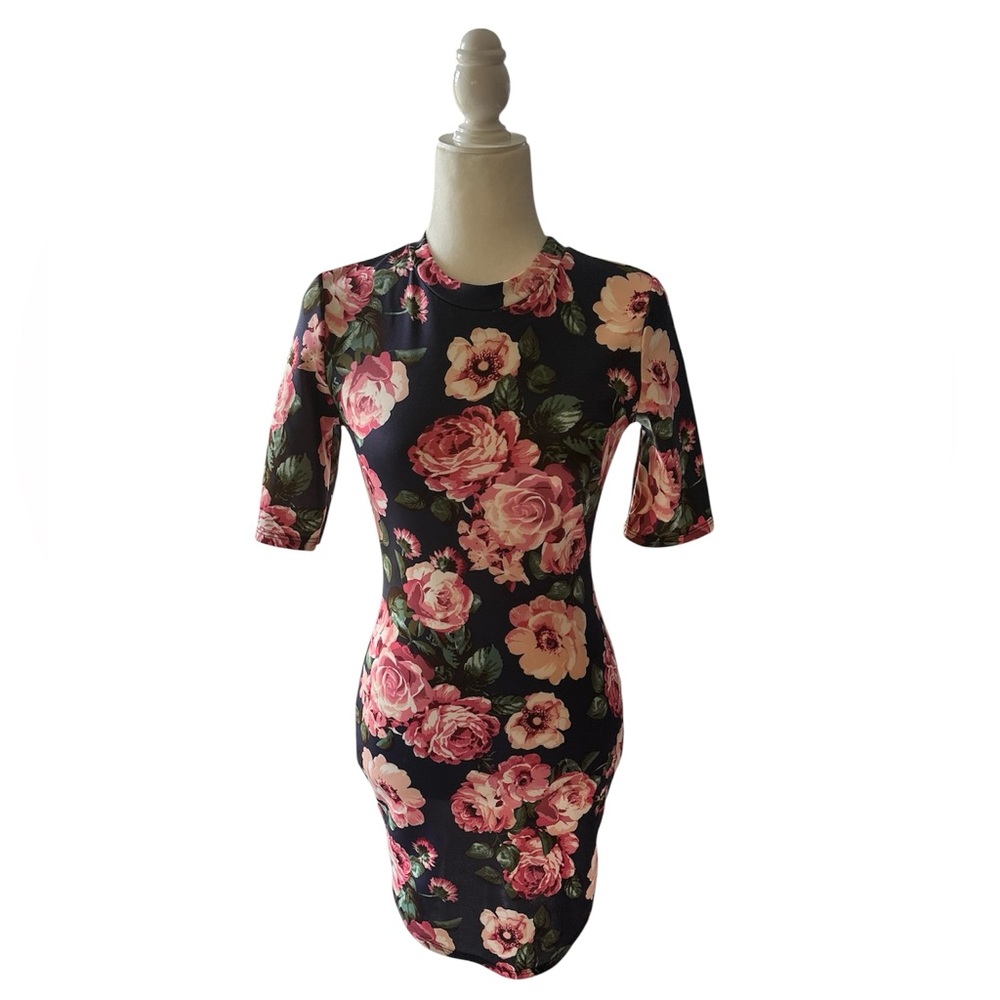 Floral Bodycon Dress Navy Pink Roses Half Sleeve Fitted Sheath Dress - Picture 2 of 9